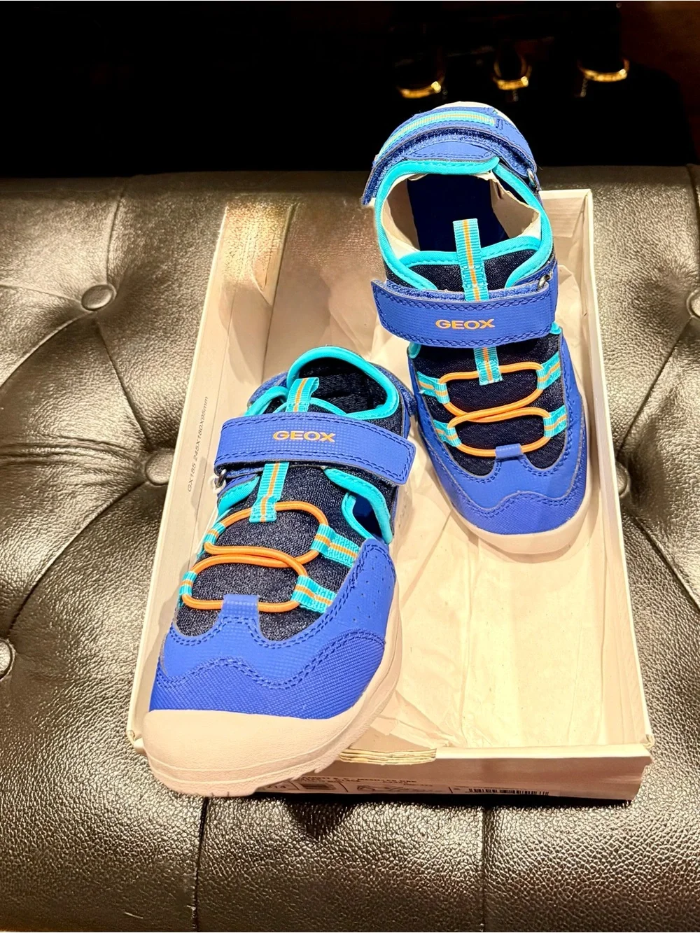 Geox Blue and Aqua Kids Hook-and-Loop Sandals with Orange Accents